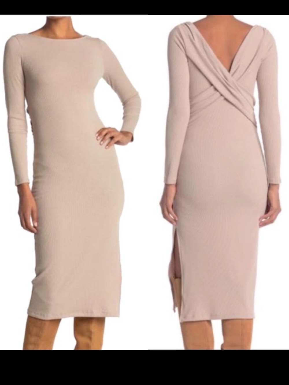 ASTR Long Sleeve V-Back Ribbed Midi Dress in Light Beige NEW Size Small Cross - Picture 3 of 10